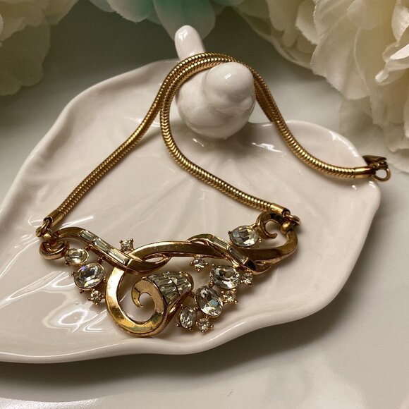 Vintage Signed TRIFARI Pat Pend Alfred Phillipe Gold Tone RHINESTONE NECKLACE - Picture 1 of 9